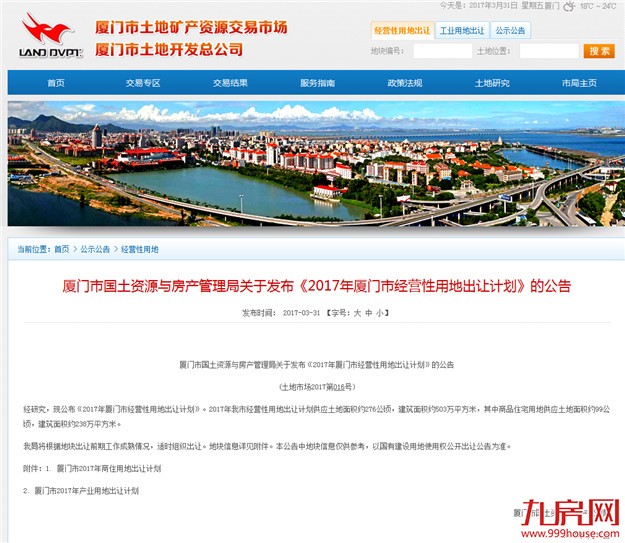 重磅！2017厦门出让58幅经营性用地 商住地20幅——九房网